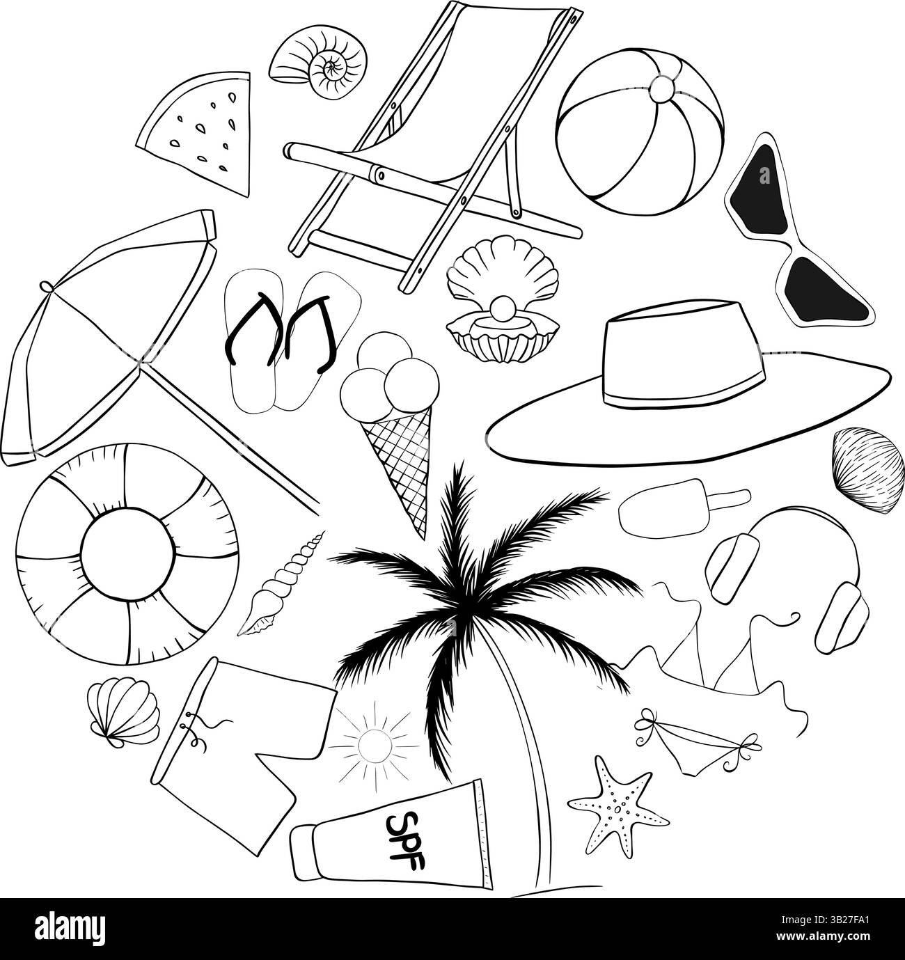 Sea Beach Essentials Circle Round composition. Illustration vectorielle d'encre de ligne graphique. Bannière, affiche, papier d'emballage, autocollant, impression, textile moderne de Illustration de Vecteur