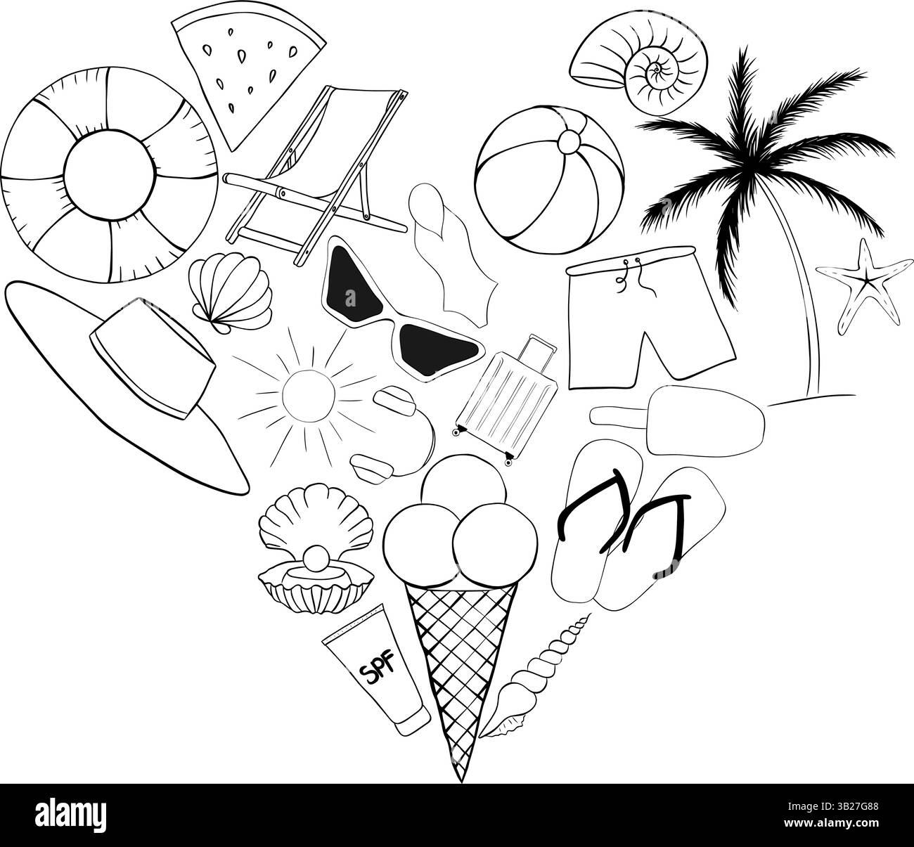 Composition en forme de coeur des essentiels de plage de mer. Illustration vectorielle d'encre de ligne graphique. Bannière, affiche, papier d'emballage, autocollant, impression, textile moderne des Illustration de Vecteur