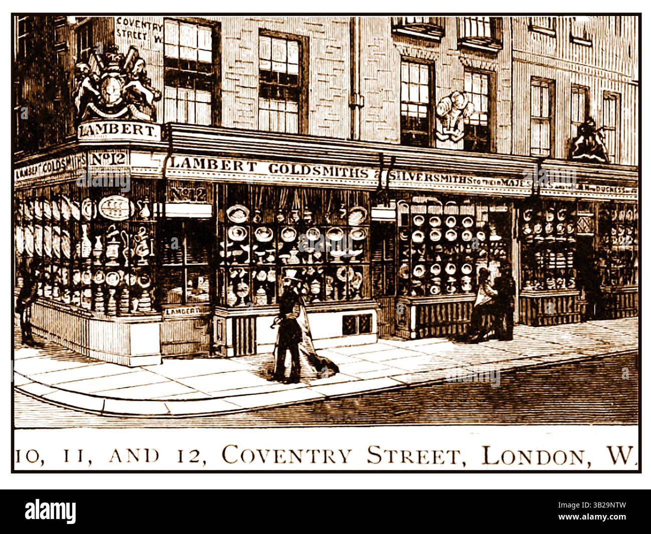 Les 1871 locaux de Lambert, Goldsmiths & Silversmiths m 10,11,12 Coventry Street, Londres, Royaume-Uni. Francis Lambert (né en 1778) a ouvert sa première boutique au 11-12 rue Coventry en 1803. Le gérant à cette époque William Rawlings, est devenu un associé à propos. 1819 quand la firme devient Lambert & Rawlings Banque D'Images
