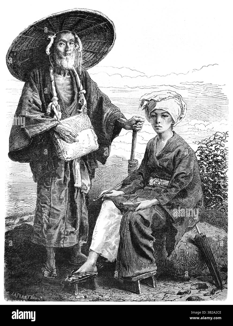 Pèlerins bouddhistes japonais ou shinto portant un costume traditionnel japonais ou des vêtements japonais. Gravure vintage ou historique ou illustration 1866 Banque D'Images