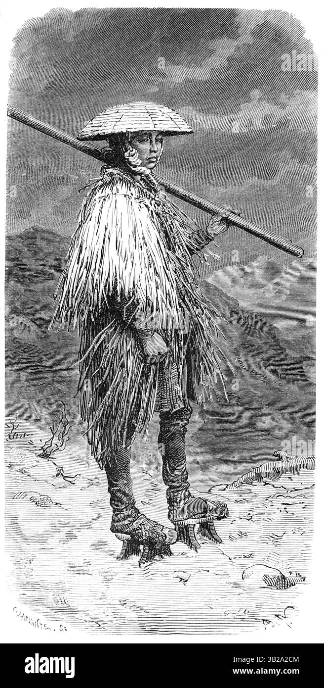 Paysan japonais ou Country Dweller en costume d'hiver Japon. Gravure vintage ou historique ou illustration 1866 Banque D'Images