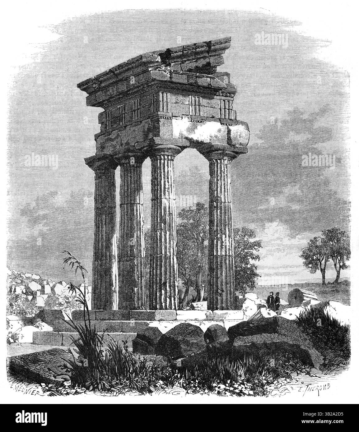 Temple grec ancien, Tempio dei Dioscuri, alias le temple de Castor et Pollus dans la vallée des temples ou Akragas antique, Agrigente, Sicile Italie. Gravure vintage ou historique ou illustration 1866 Banque D'Images