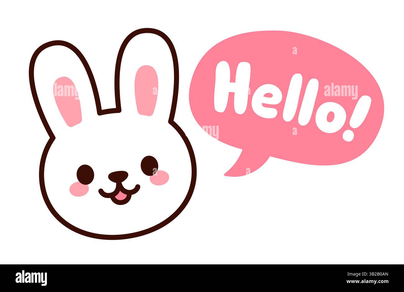 Joli lapin blanc de dessin animé avec bulle de discours disant Bonjour ! Dessin d'autocollant de lapin Kawaii, illustration vectorielle. Illustration de Vecteur