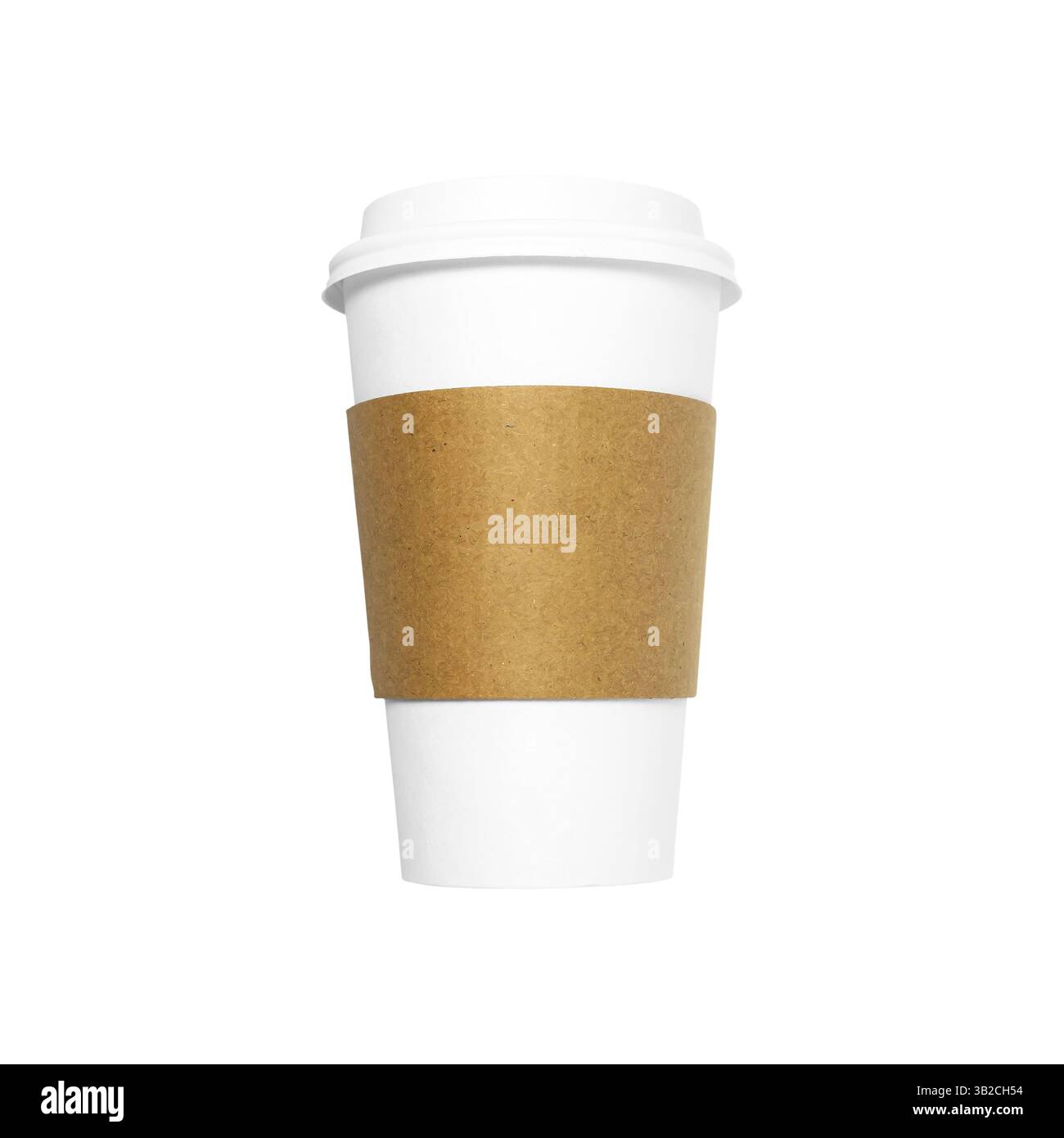 Tasse à café en papier à emporter isolée sur fond blanc avec étiquette en carton vierge, vue de face en gros plan Banque D'Images
