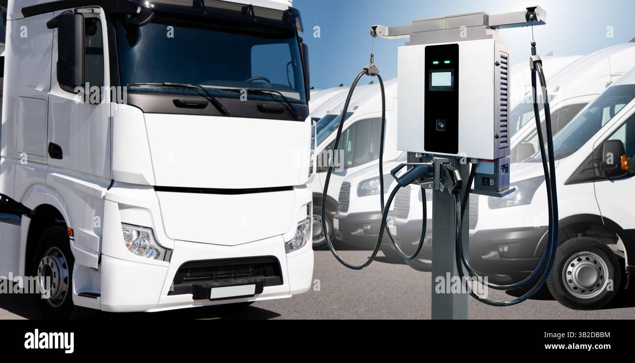Station de charge de véhicules électriques sur un fond de camion. Camion électrique dans la ville Banque D'Images
