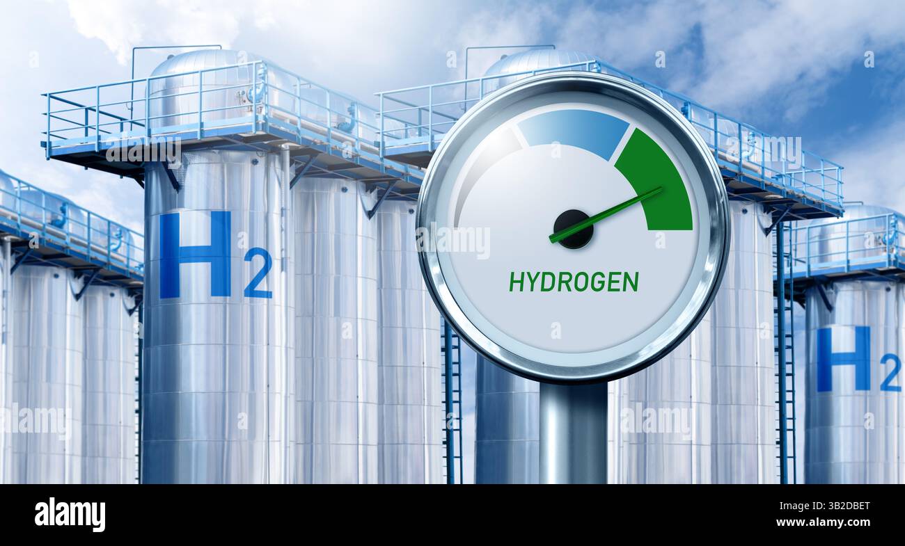 Stockage d'hydrogène avec jauge. Concept d'hydrogène vert. Banque D'Images