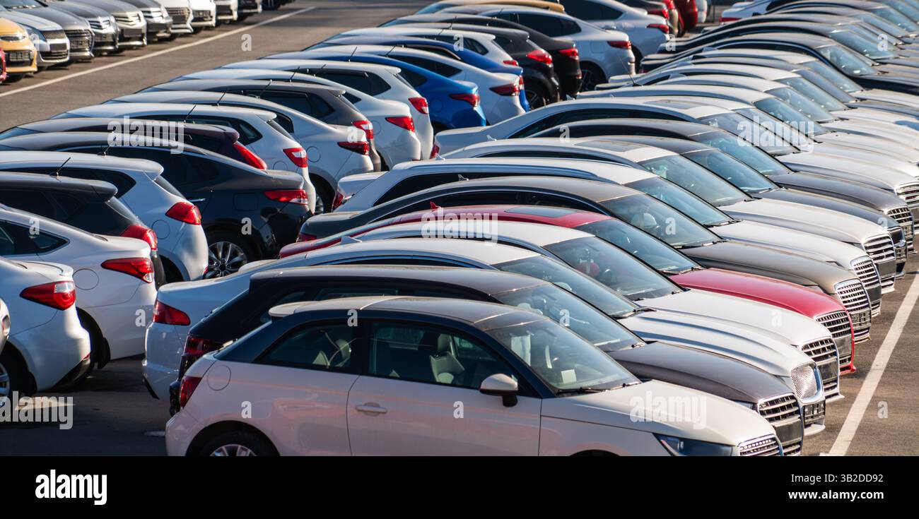 Beaucoup de voitures dans une rangée. Ventes de voitures d'occasion. Banque D'Images