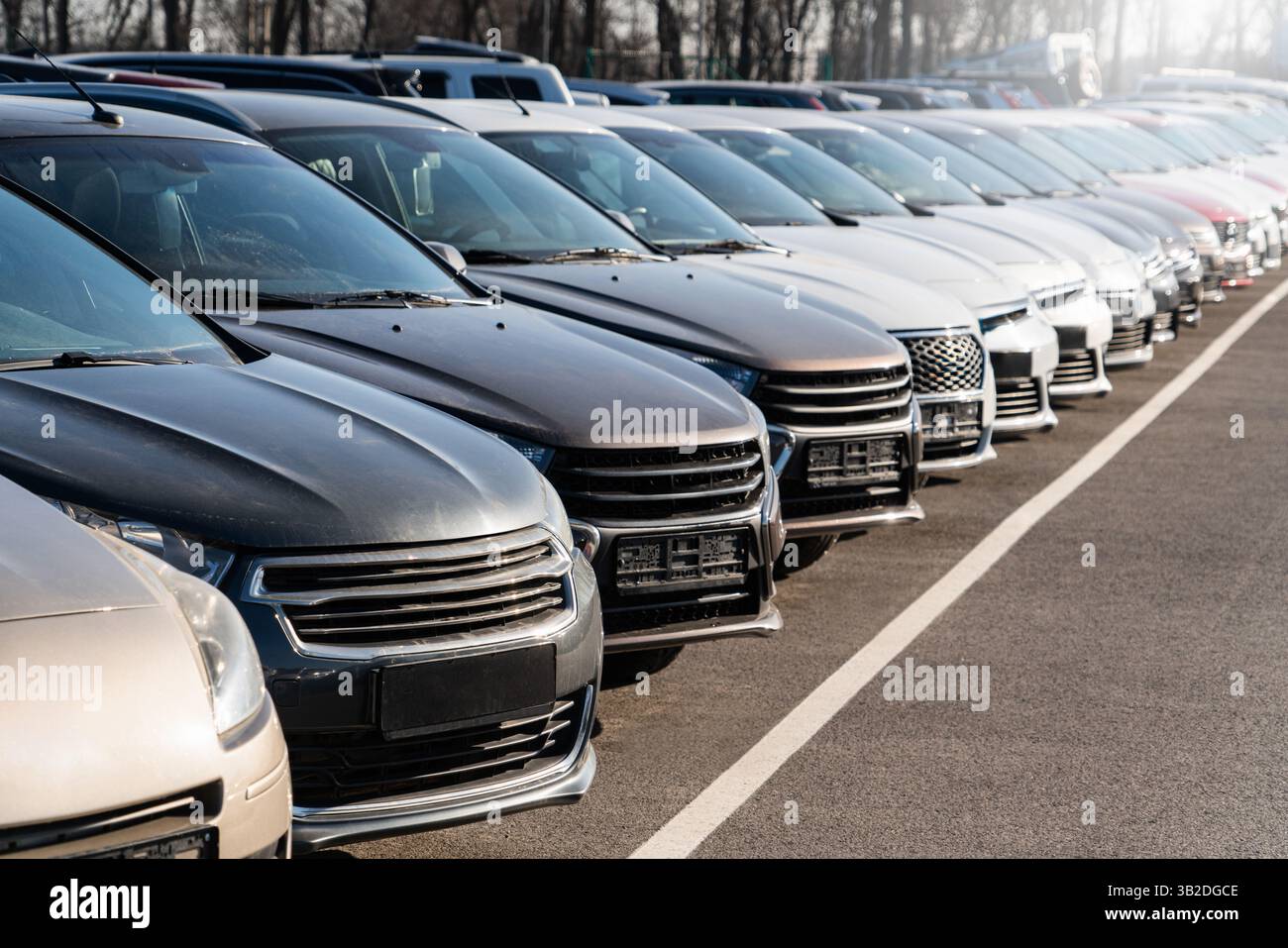 Beaucoup de voitures dans une rangée. Ventes de voitures d'occasion. Banque D'Images