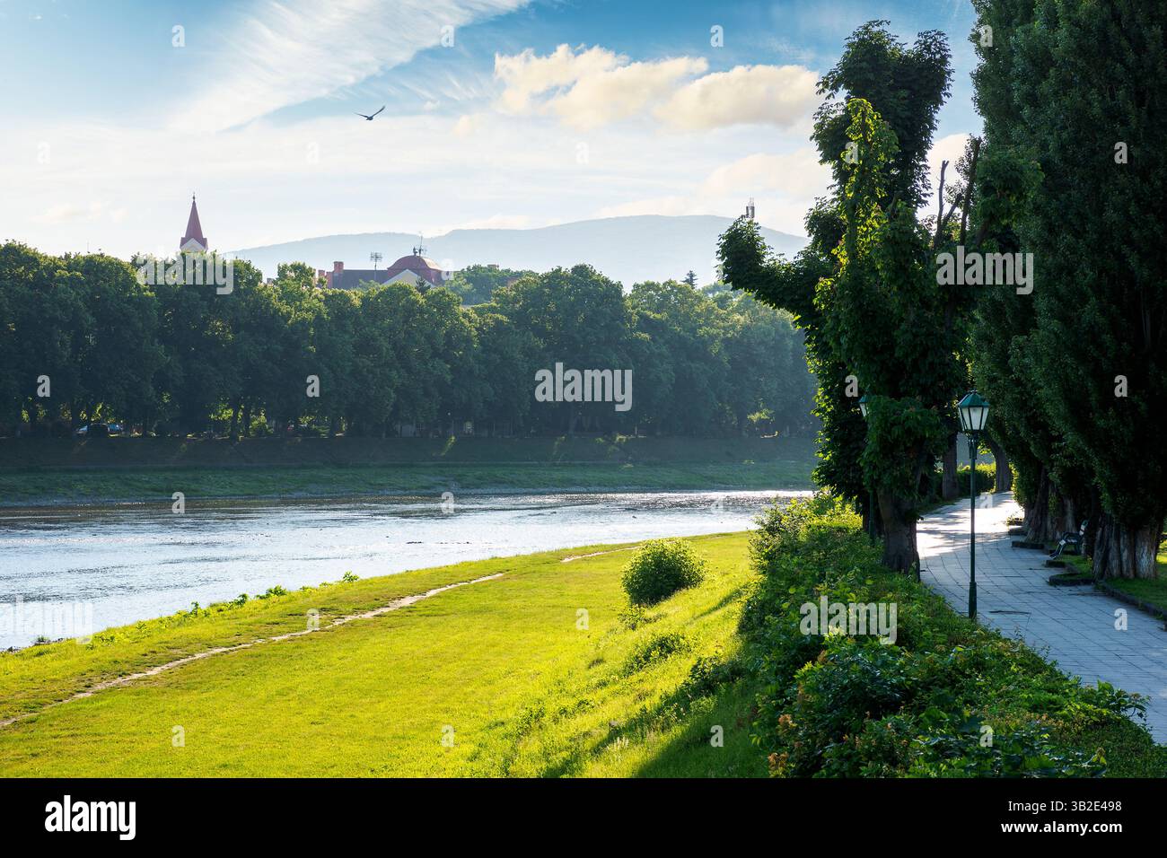 remblai de la rivière uzh dans la lumière du matin. centre historique de la ville d'uzhhorod. magnifique paysage urbain en été. linden ruelle sur la rive gauche Banque D'Images