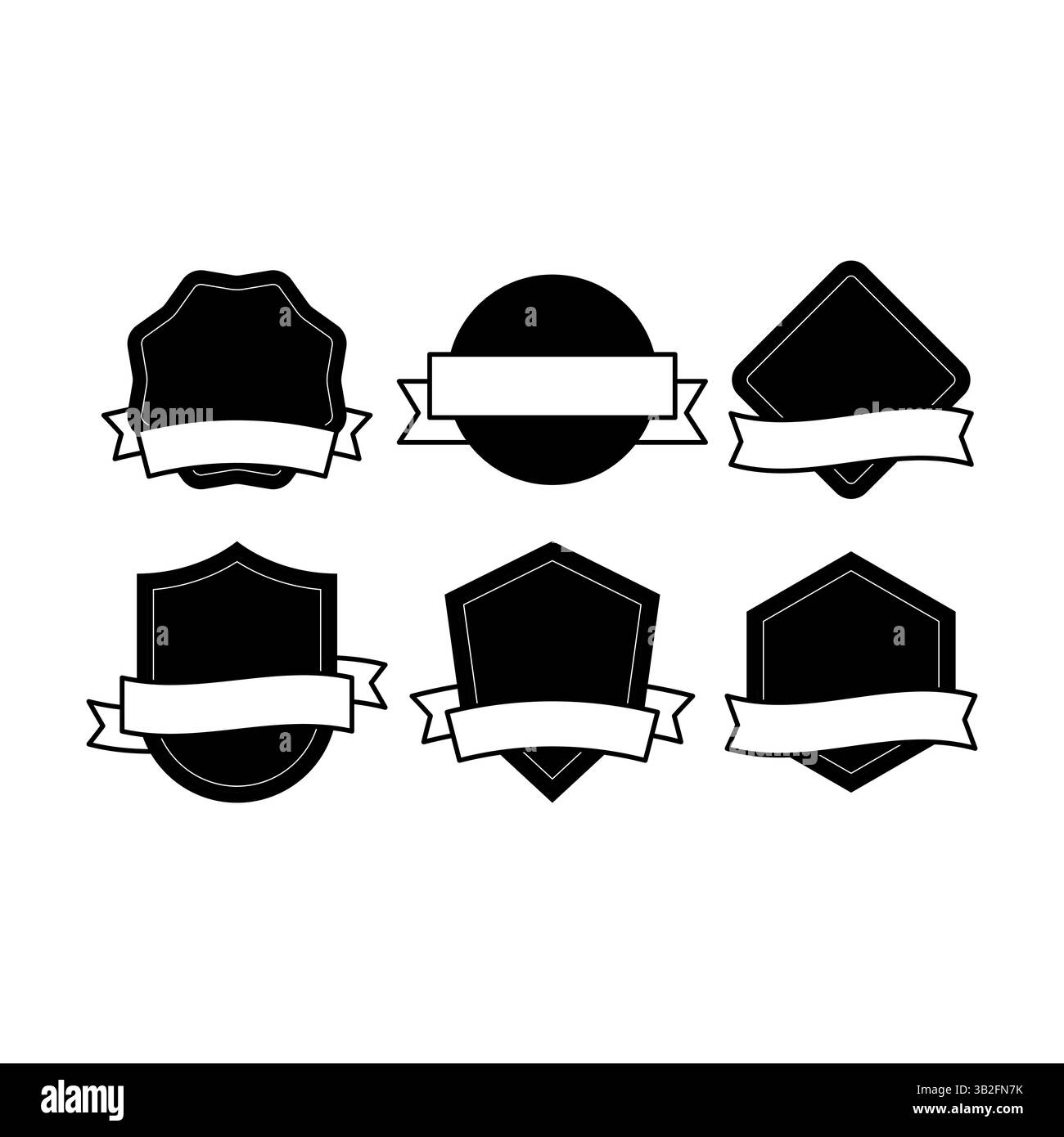 Illustration vectorielle avec six formes d'emblèmes noirs, y compris des cercles, des boucliers et des polygones avec des bannières. Parfait pour les logos, étiquettes ou badges en g. Illustration de Vecteur