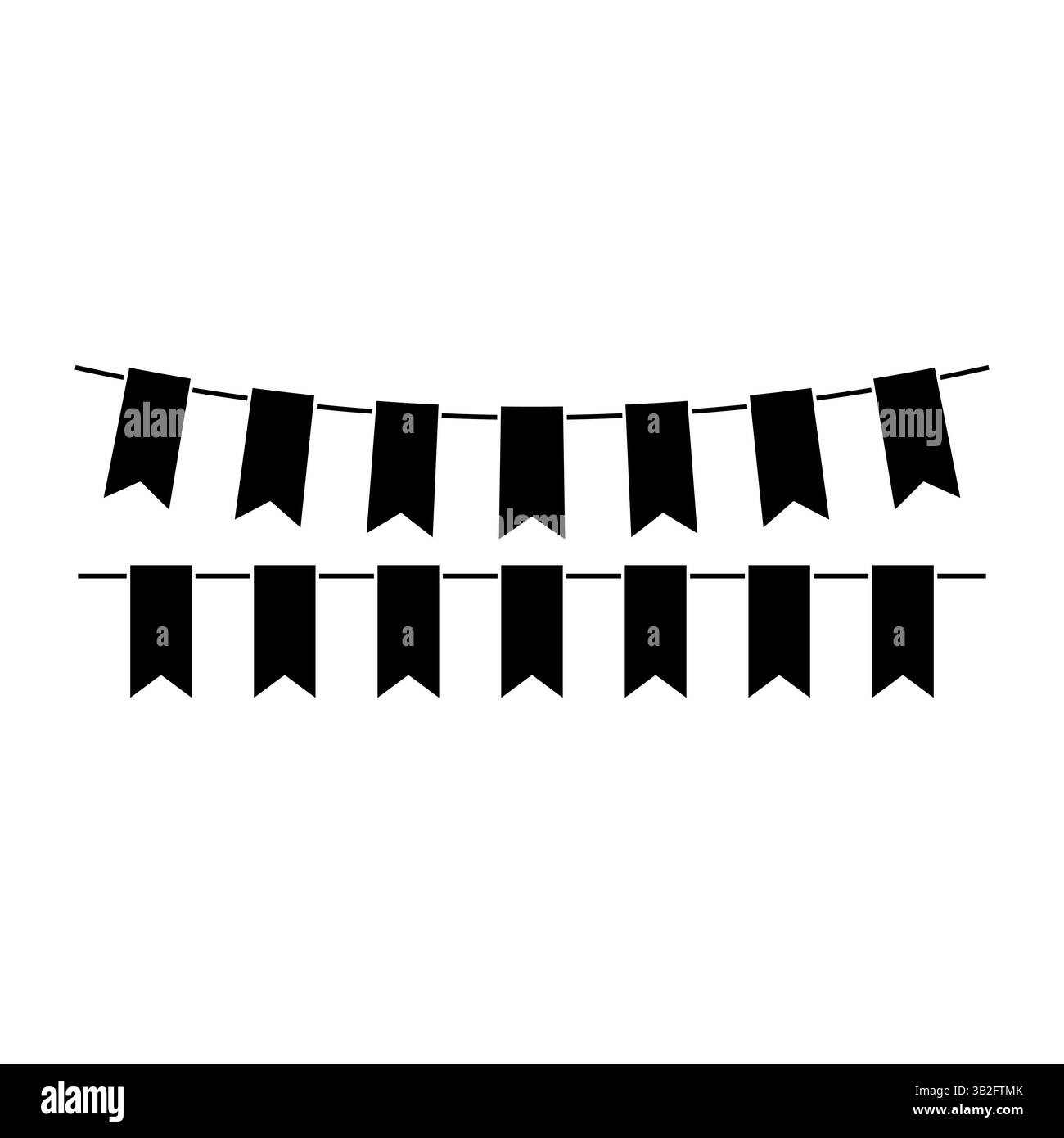 Drapeaux noirs disposés en deux rangées suspendus sur un fond blanc, représentant des concepts simples de décoration et de célébration. Illustration de Vecteur