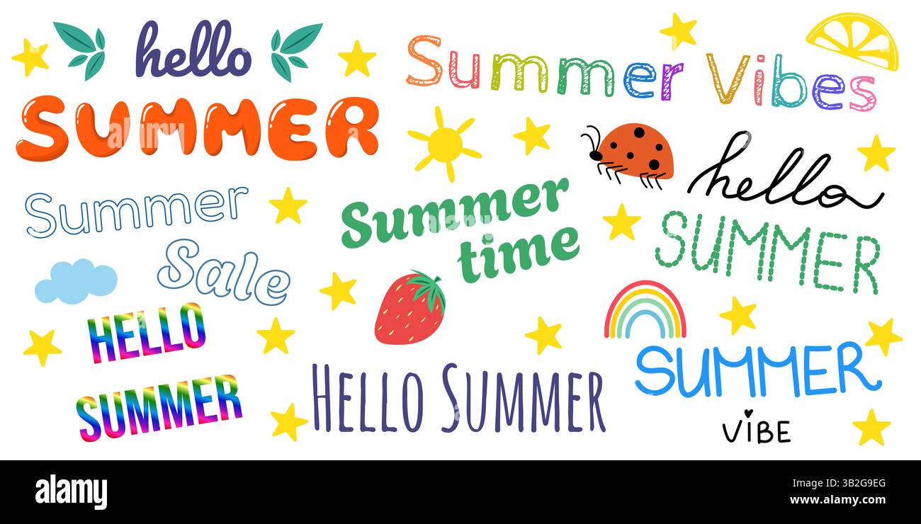 Ensemble lettrage d'été. Hello Summer text. Heure d'été. Vibrations estivales Illustration de Vecteur