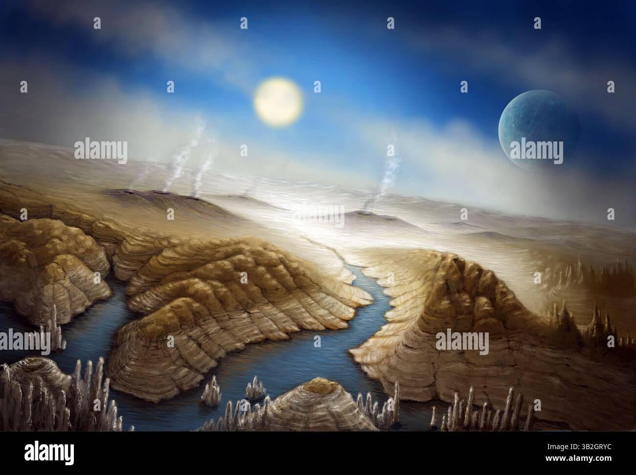 23 juillet 2015 - usage éditorial exclusif. Aucun stock, livres, publicité ou merchandising sans la permission du photographe....artiste impression de la surface de Kepler 452b. Avec un rayon de 60% plus grand que la Terre, la planète a une meilleure chance que même d'avoir une composition rocheuse, et est susceptible d'avoir une atmosphère épaisse et une quantité importante d'eau. Parce que nous ne pouvons pas encore mesurer la masse de Kepler 452b, les astronomes s'appuient sur des modèles pour estimer une gamme de masses possibles, la plus probable étant 5 fois celle de la Terre. Une planète rocheuse aussi massive aurait probablement encore un volcanisme actif. Kepler Banque D'Images