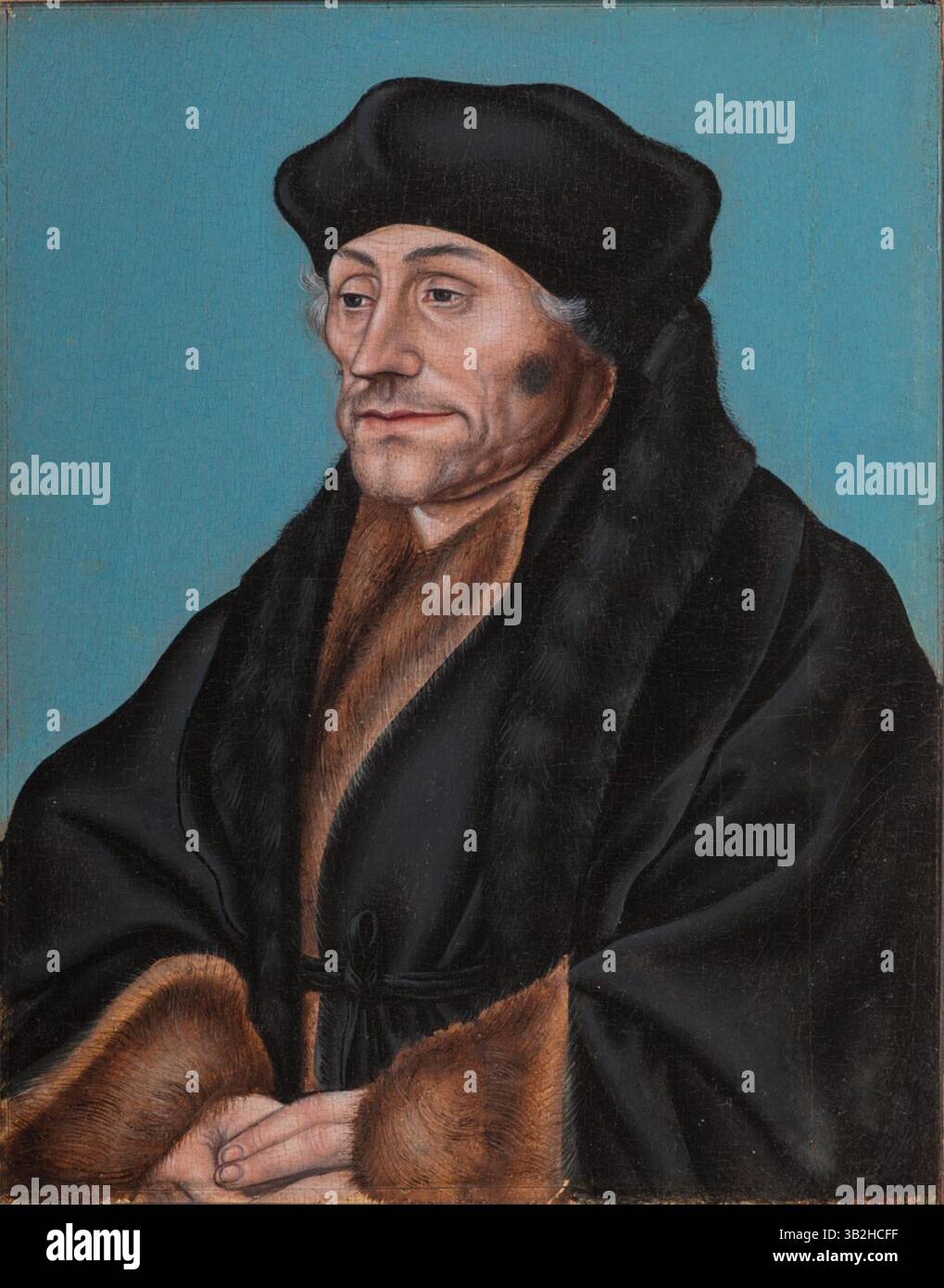 Titre : Portrait de Desiderius Erasmus artiste : Lucas Cranach L'ancien date : vers 1530–1536 technique : huile sur panneau dimensions : hauteur 19 cm ; longueur 14,6 cm lieu : Musée Boijmans Van Beuningen Banque D'Images