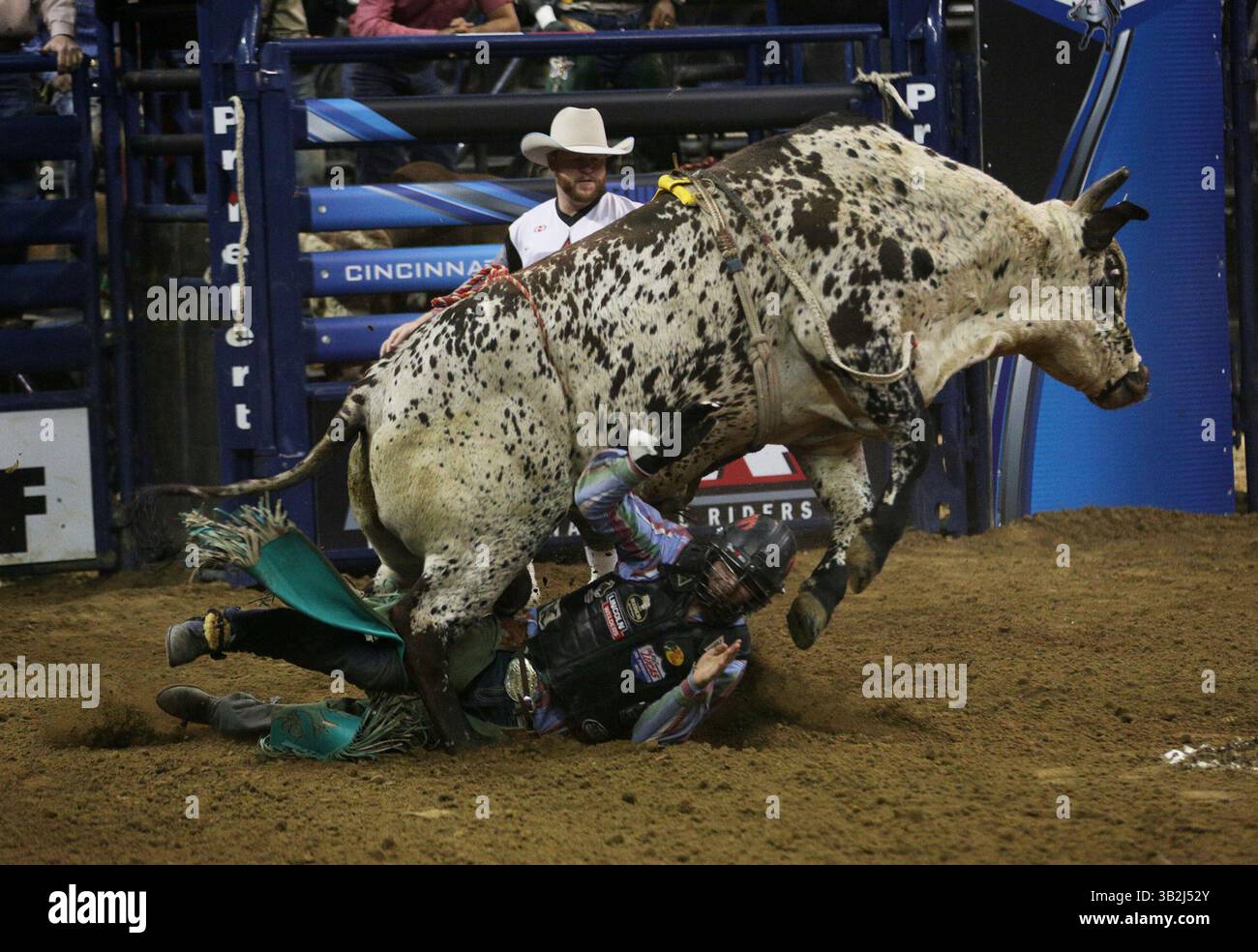 6 décembre 2015 - Cincinnati, Ohio, U. S - Bull Ride Roscoe Jarboe est écrasé par un taureau après une chute. Le dimanche 6 décembre 2015 à côté de l'arène de la banque américaine. Pendant l'arrêt PBR Blue DEF Tour à Cincinnati, ohio (crédit image : © Ernest Coleman via ZUMA Wire) Banque D'Images