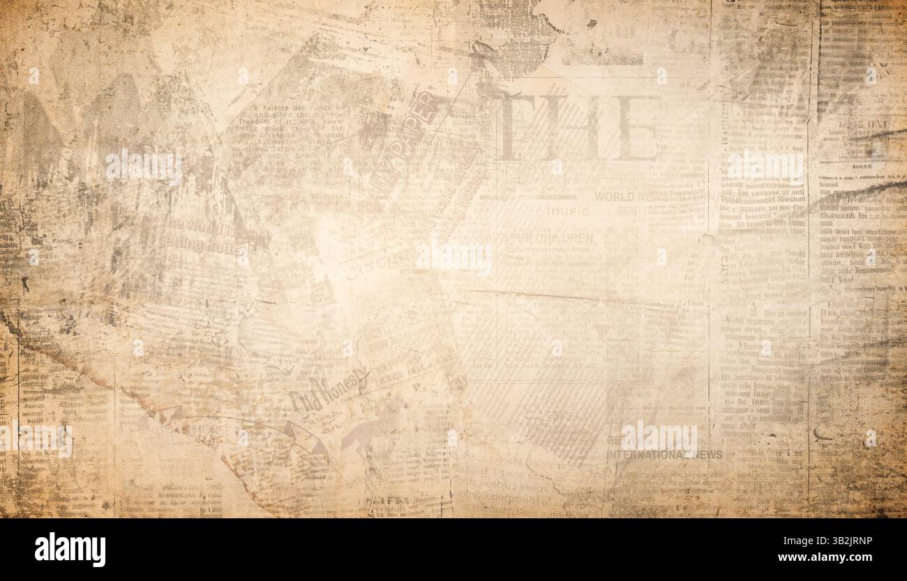 Vieux fond de journal, texture d'impression de nouvelles grunge brune, motif de papier peint vintage, conception d'affiche vintage. Vieux texte de papier journal grunge froissé Banque D'Images