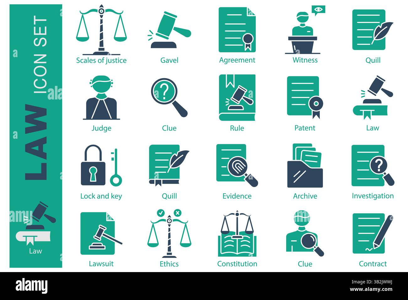 Jeu d'icônes de loi. style d'icône unie. contenant des échelles d'icônes de la justice, des témoins, de la constitution et plus encore. Illustration vectorielle d'élément de droit et de justice Illustration de Vecteur