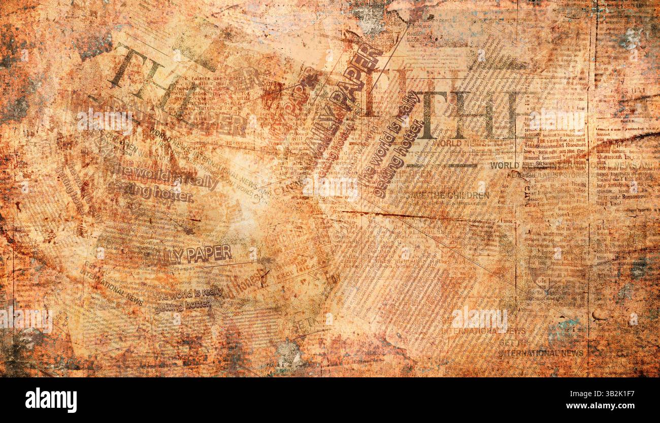 Vieux fond de journal, texture d'impression de nouvelles grunge brune, motif de papier peint vintage, conception d'affiche vintage. Vieux texte de papier journal grunge froissé Banque D'Images