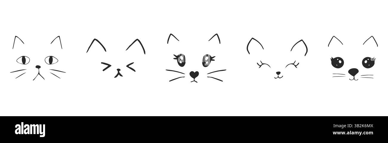 Visages d'animaux mignons, comique pour animaux de compagnie griffonner avec des expressions. Mettez les têtes avec la langue délicieuse lécher, la bouche, les émotions adorables. Bande dessinée ou animal de compagnie kawaii. Illustration vectorielle Illustration de Vecteur