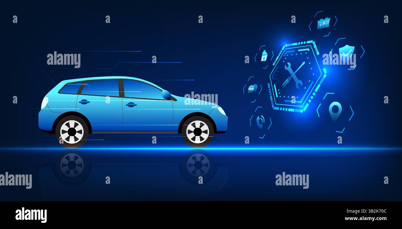 Service technologie la voiture en face est une icône de service, entretien et réparation de voiture, réclamations d'assurance d'urgence, pour la sécurité et prolonger la durée de vie de th Illustration de Vecteur