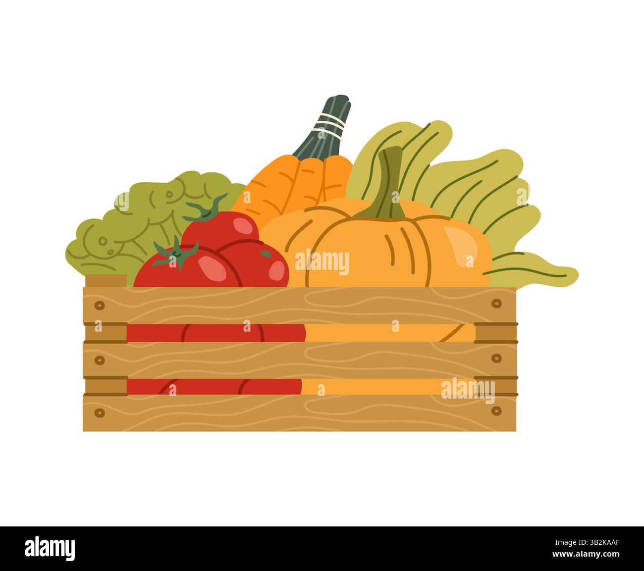 Caisse en bois remplie de légumes frais comme des tomates, des citrouilles, des carottes et de la laitue. Boîte de fermier et de jardinier avec récolte mûre pour les marchés agricoles, org Illustration de Vecteur