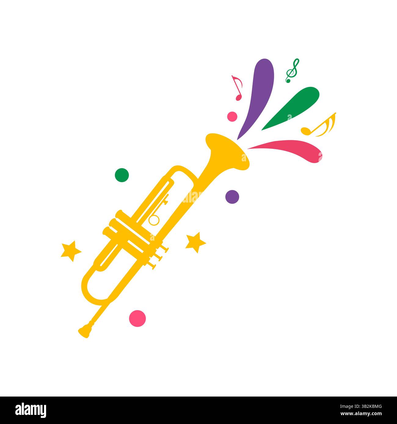 Trompette jaune colorée avec notes musicales rouge rose vert violet et étoiles pour les célébrations festives et les événements musicaux Illustration de Vecteur