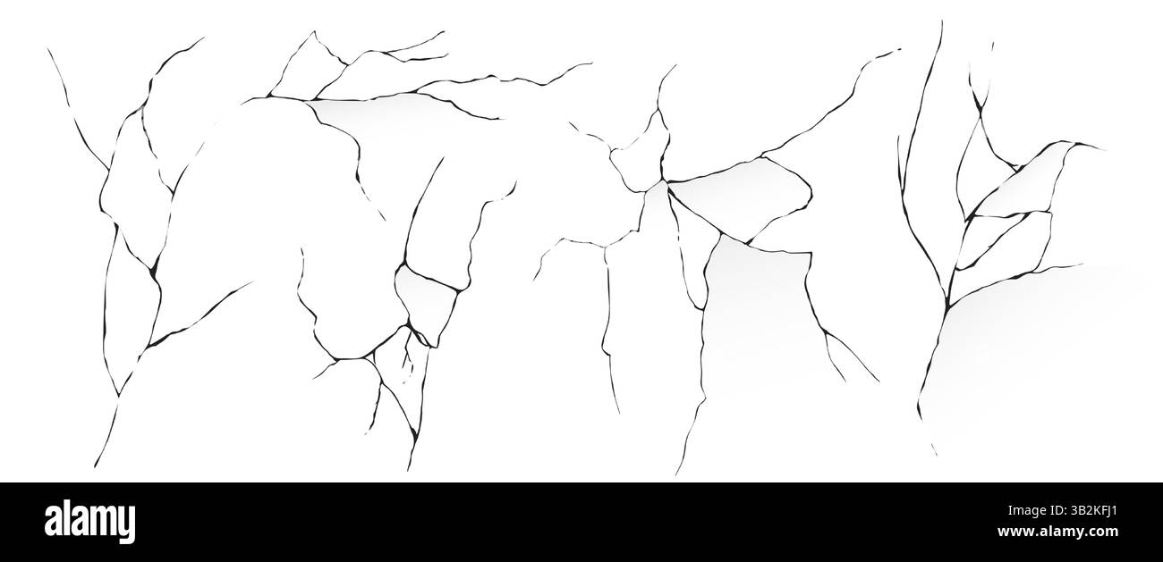 Ensemble de vecteurs de texture de surface fissurée - bords irréguliers, fragments effrayant, sol fissuré. Formes de rift sismiques, marques de dommages dues aux tremblements de terre, silhouettes de mur de pierre cassées. Conséquences de la destruction géologique. Illustration de Vecteur