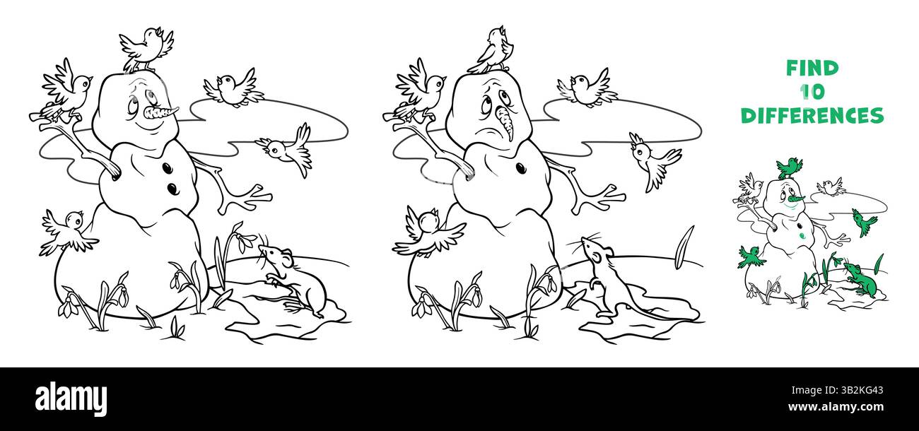 Repérez les différences dans la scène printanière avec bonhomme de neige fondant, primroses et oiseaux volant et chantant près de lui. Feuille de travail imprimable de contour ou page à colorier Illustration de Vecteur
