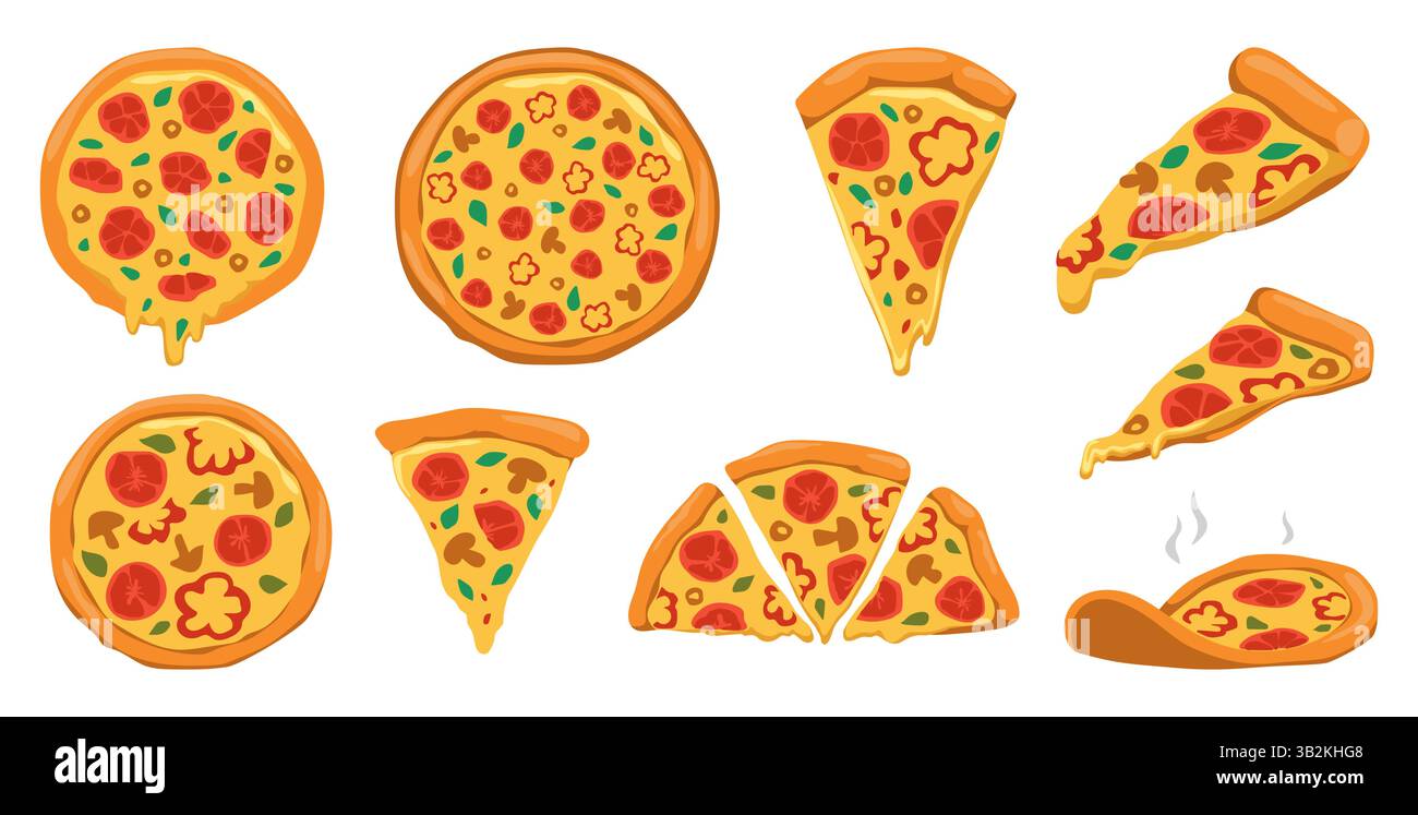 Set de pizzas. Cuisine traditionnelle italienne, entier et morceaux de nourriture, menu de café pizzeria. Tomate et champignon, saucisse et fromage. Illustration vectorielle de style plat de dessin animé en vue de dessus et de côté isolée avec pepperoni Illustration de Vecteur