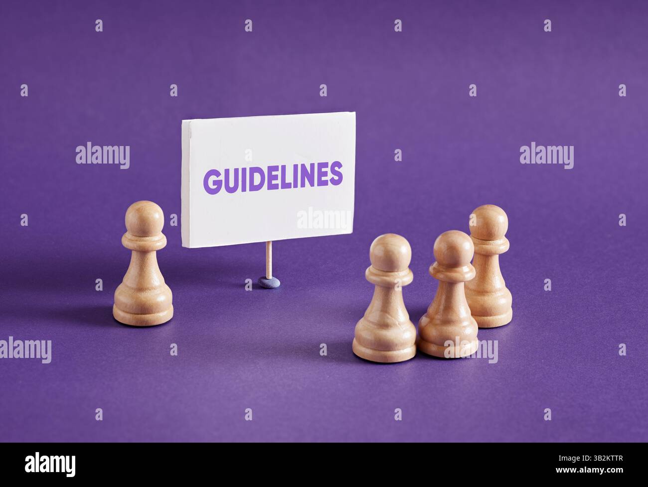 Pions d'échecs debout à côté de la bannière avec le mot directives. Présentation des directives de l'entreprise. Banque D'Images