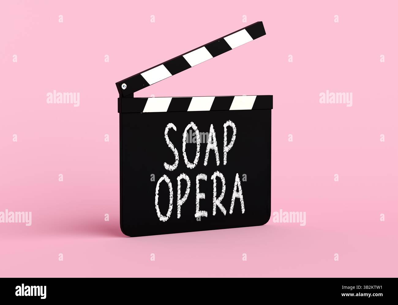 Tableau noir avec un opéra de savon en texte blanc écrit dessus, isolé sur fond rose, prêt à commencer le tournage. Rendu 3D. Banque D'Images