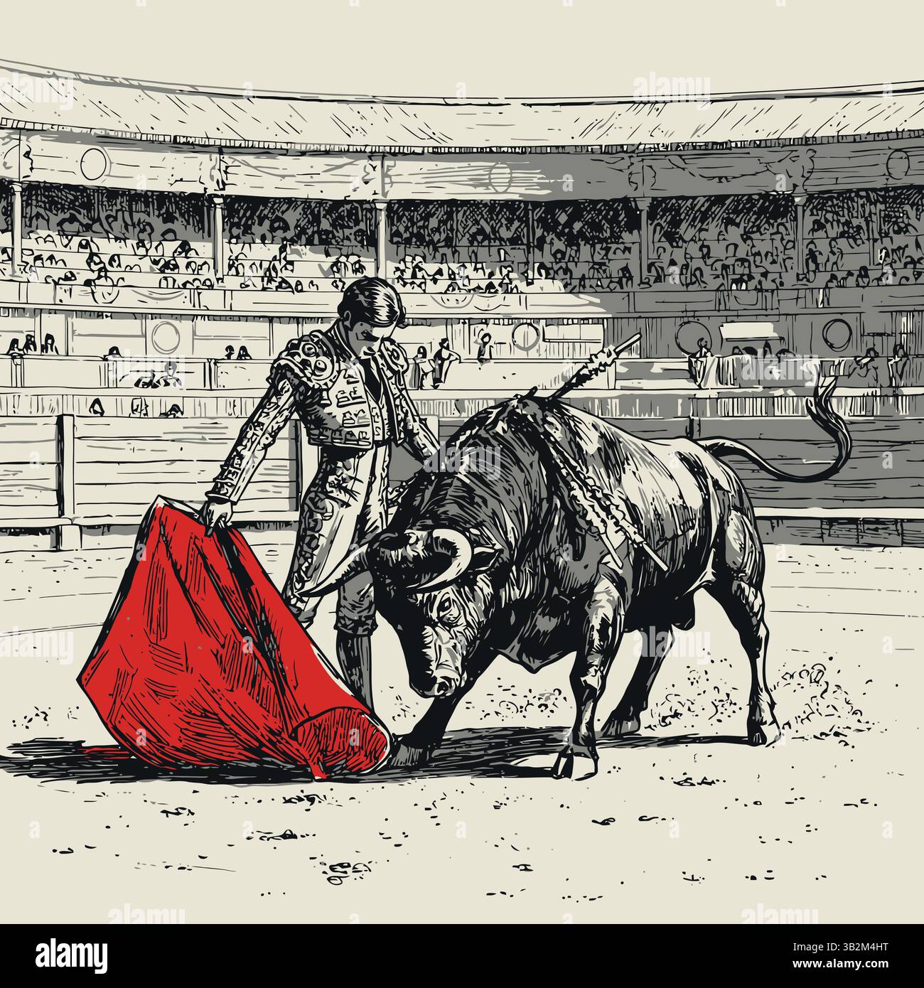 Matador face à Charging Bull avec Red Cape dans Arena. Illustration stylisée en noir et blanc avec une touche de rouge représentant une scène traditionnelle de corrida. Illustration de Vecteur