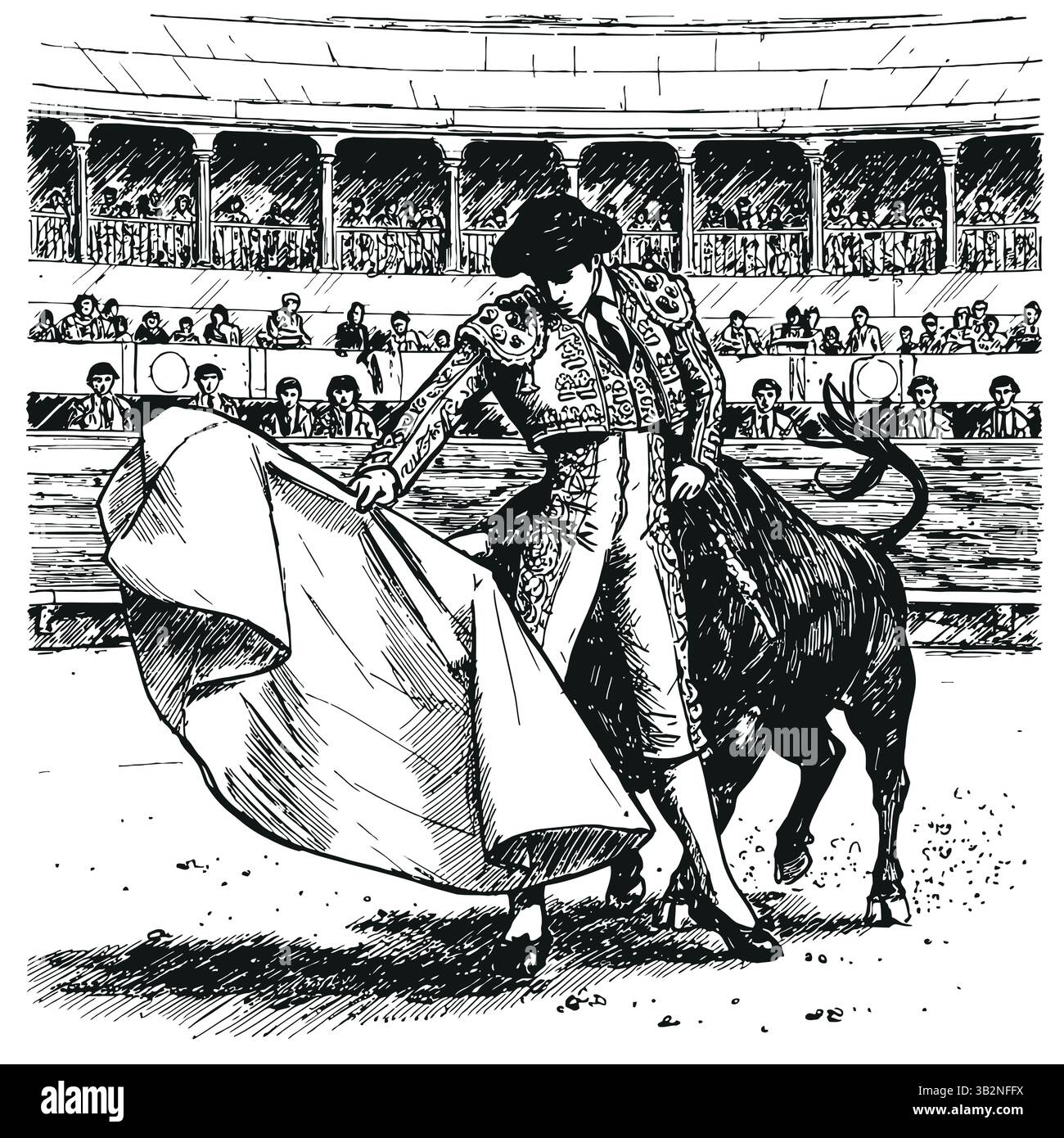 Scène historique de tauromachie : Juan Belmonte et le Toro. Dessin classique au stylo et à l'encre capturant l'intensité de la corrida. Illustration de Vecteur