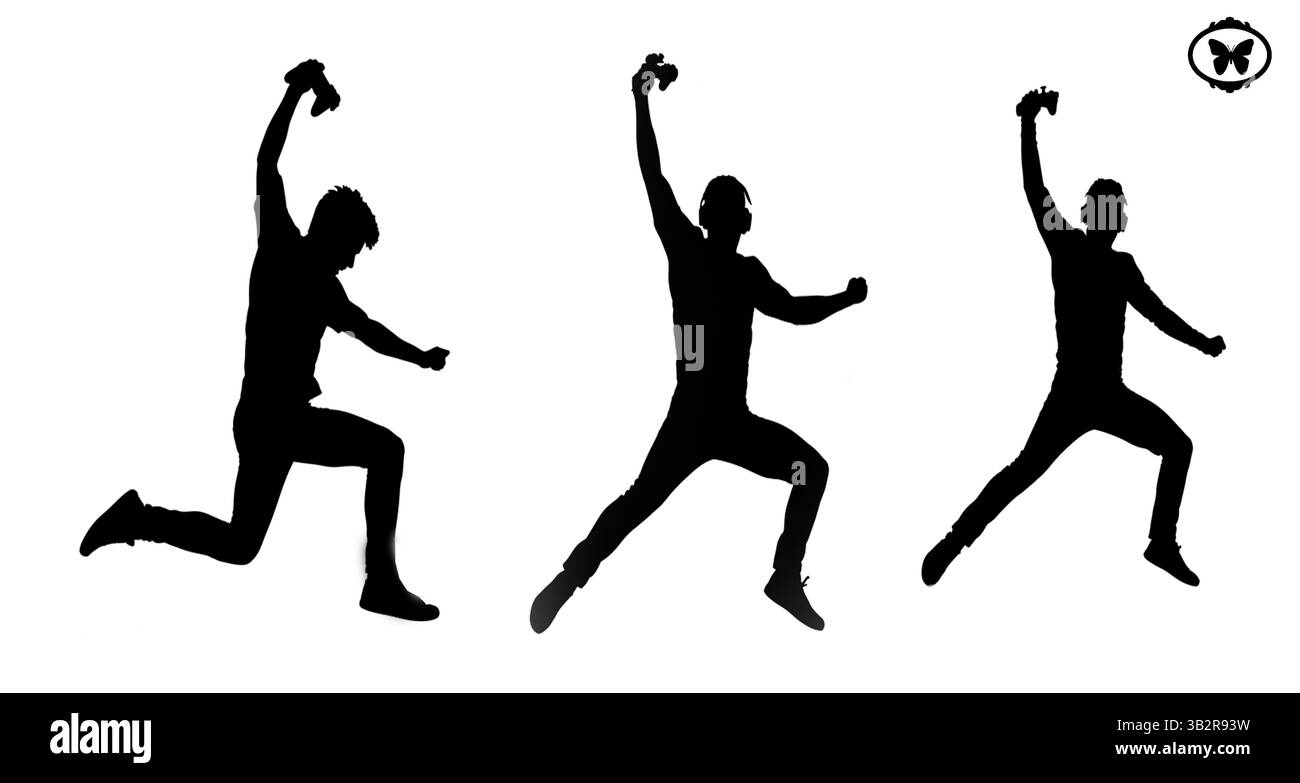 Illustration vectorielle de Happy Men silhouettes Jumping dans Celebration Success Win et positive Emotions. Illustration de Vecteur