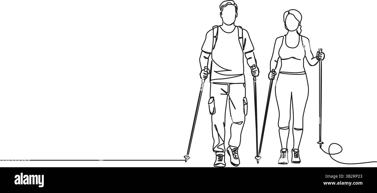 dessin en ligne simple continu de randonnée de couple avec des bâtons de trekking, illustration vectorielle d'art de ligne Illustration de Vecteur