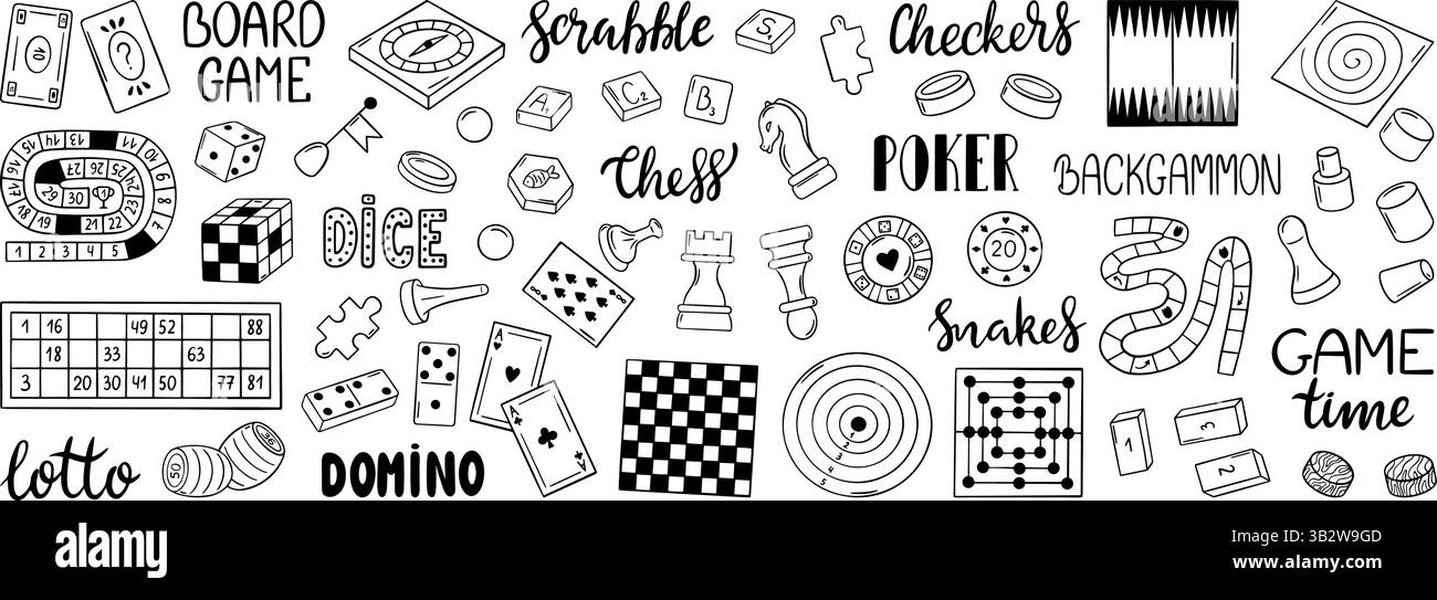 Jeux de plateau à croquis. Pièces d'échecs noires, pocker scrabble et loto. Champs de papier isolés et planches pour jouer sur table en famille ou entre amis, néotériques Illustration de Vecteur