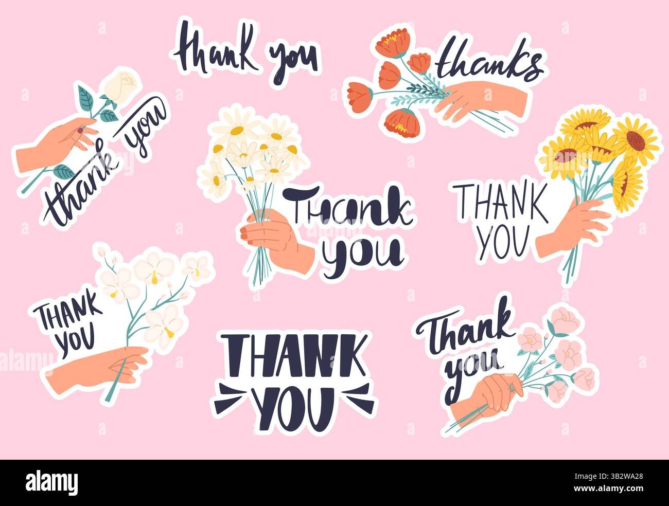 Mains avec des fleurs et lettrage texte merci. Phrases de Thanksgiving pour mère, parents, grand-mère, épouse. Fleur cadeau, pack d'autocollants vectoriels Illustration de Vecteur