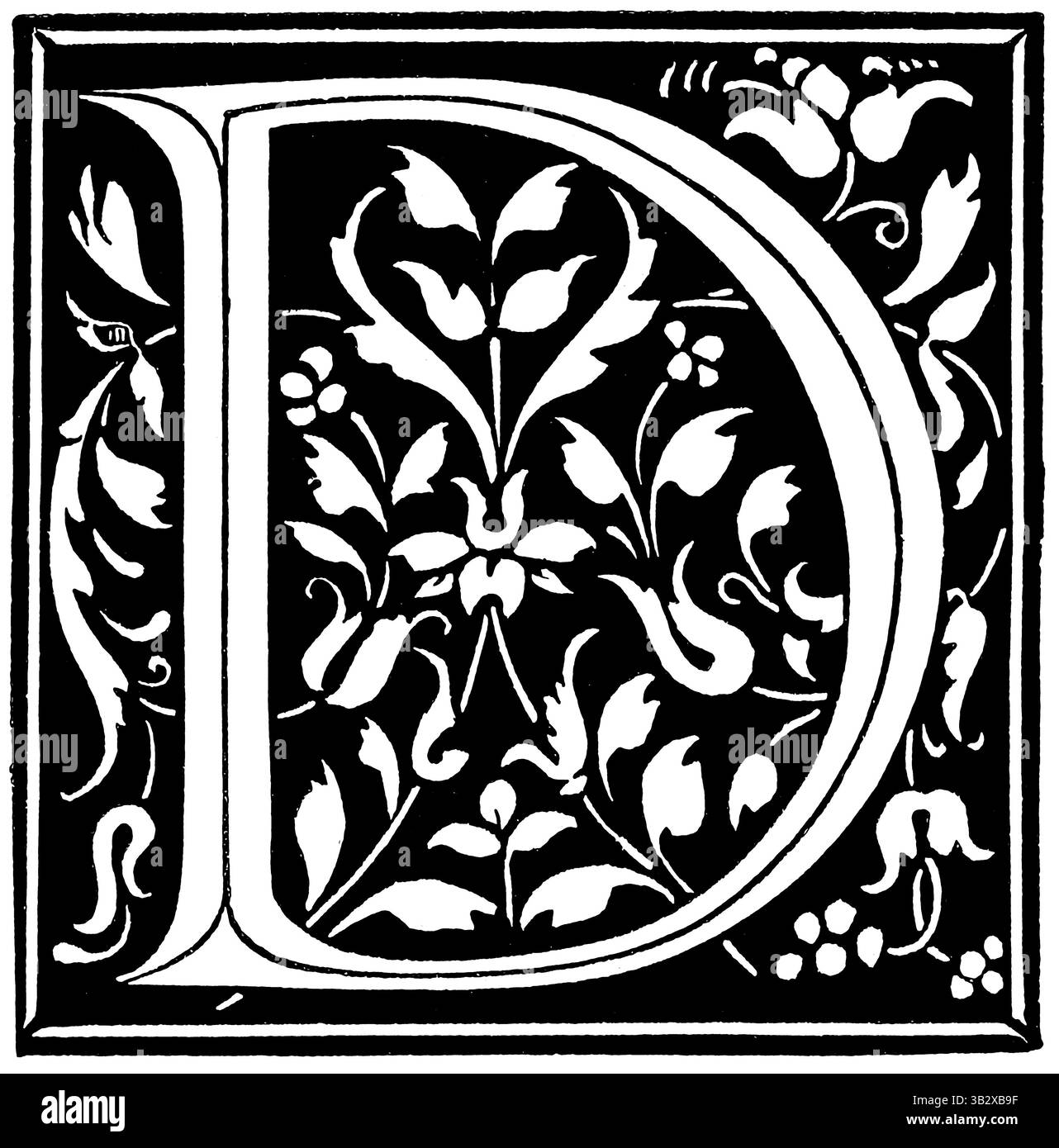 Renaissance italienne lettre initiale 'd', illustration de livre vintage ornée avec des éléments décoratifs. Banque D'Images