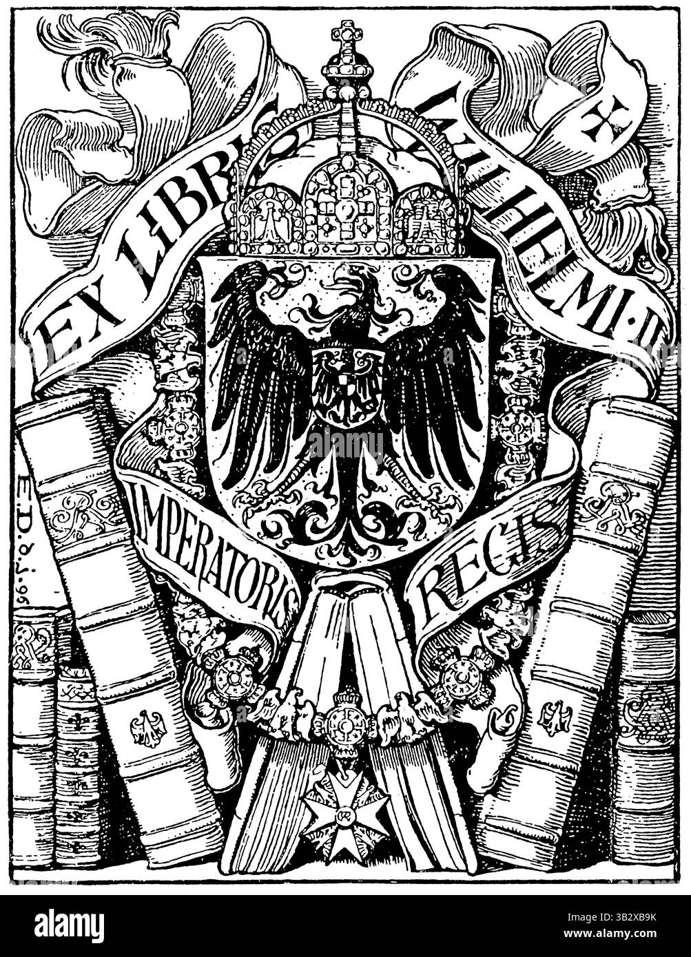 Design de bibliothèque noir et blanc pour Kaiser Wilhelm II, illustration de livre historiciste vintage de Berlin. Banque D'Images