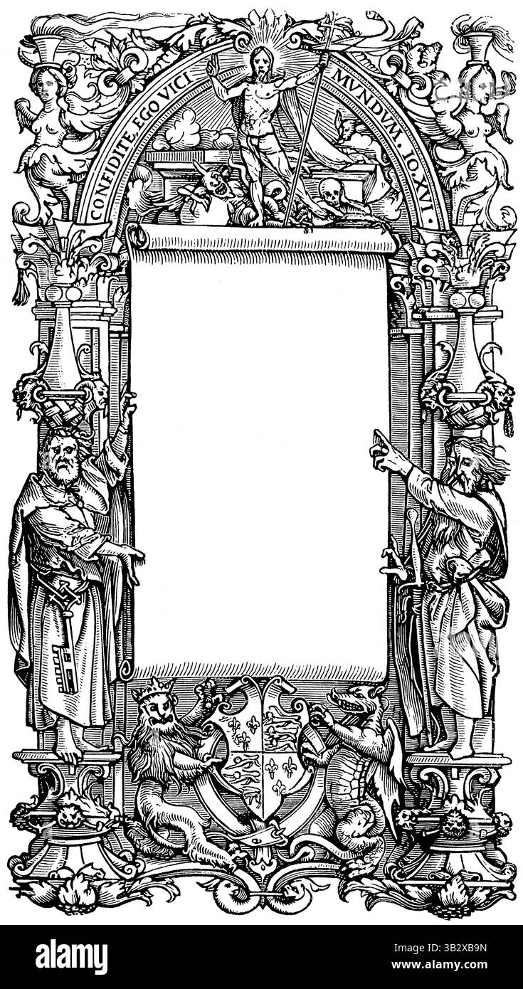 Page de titre en noir et blanc de H. Holbein, style Renaissance allemande, illustration de livre vintage datant des environs de 1540. Banque D'Images