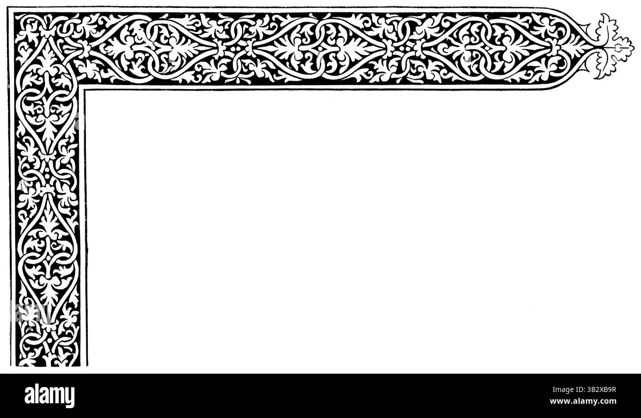Décoration de livre vénitien noir et blanc avec design de bordure (1478), illustration de livre vintage. Banque D'Images