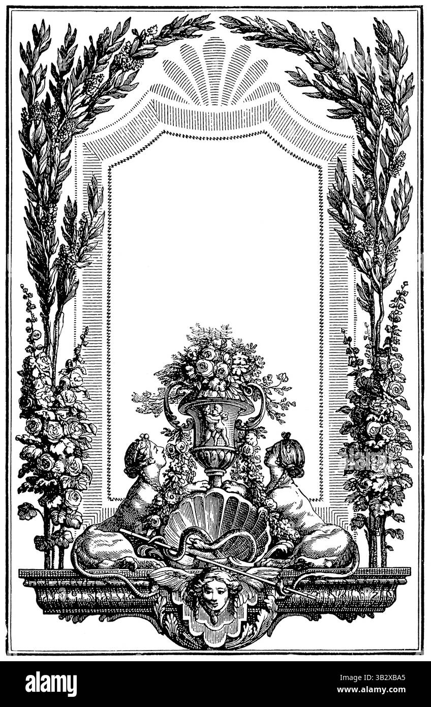 Page de titre noir et blanc français par Clément Pierre Marillier (1776), illustration de livre vintage style rococo. Banque D'Images