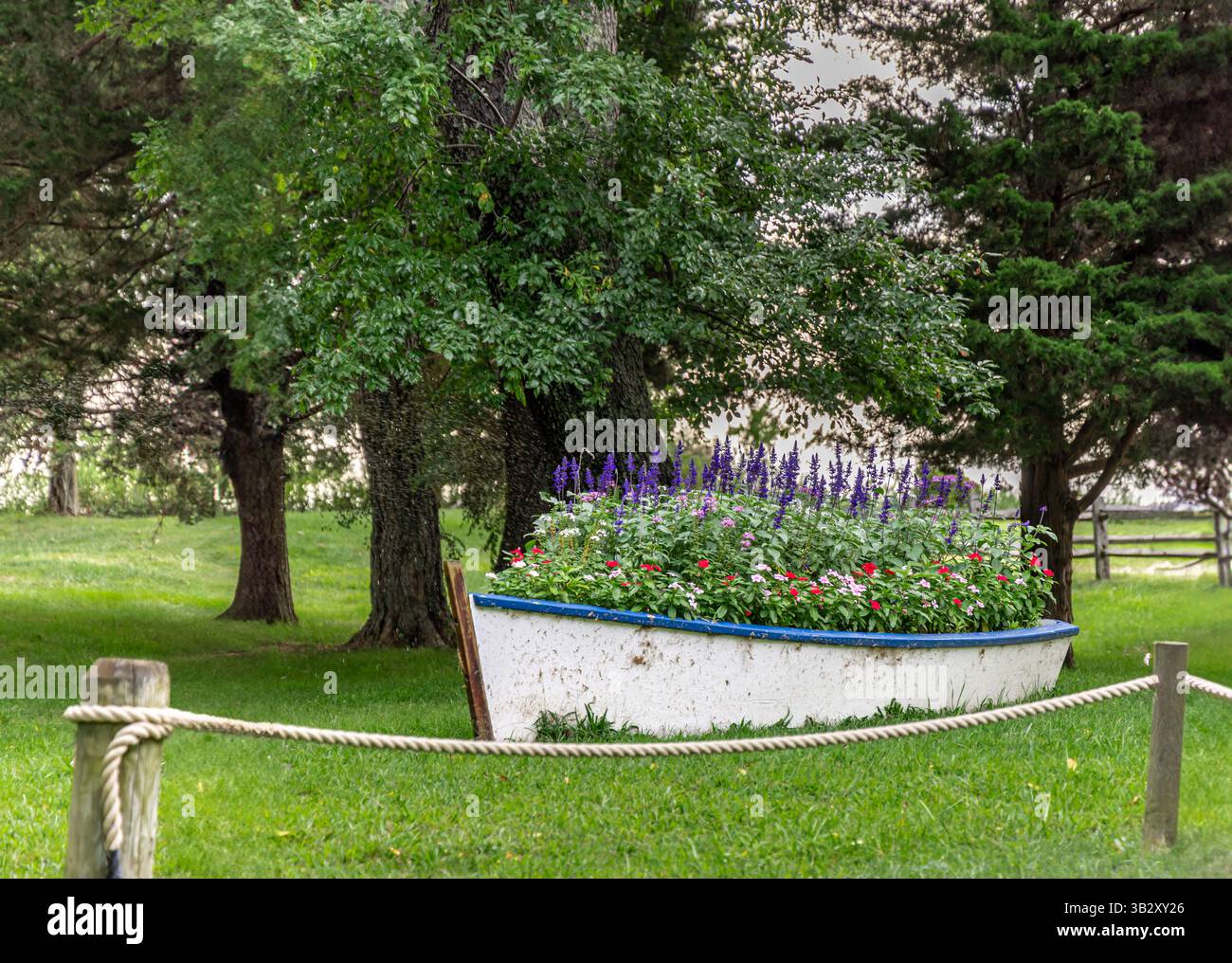 petit bateau blanc rempli de fleurs en fleurs Banque D'Images