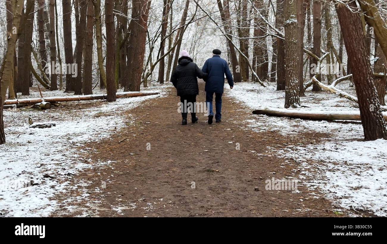 Couple mûr allant sur le chemin enneigé à la forêt de pins d'hiver. Mari senior et femme marchant à travers le sentier dans la forêt de conifères. Ancienne paire de Banque D'Images