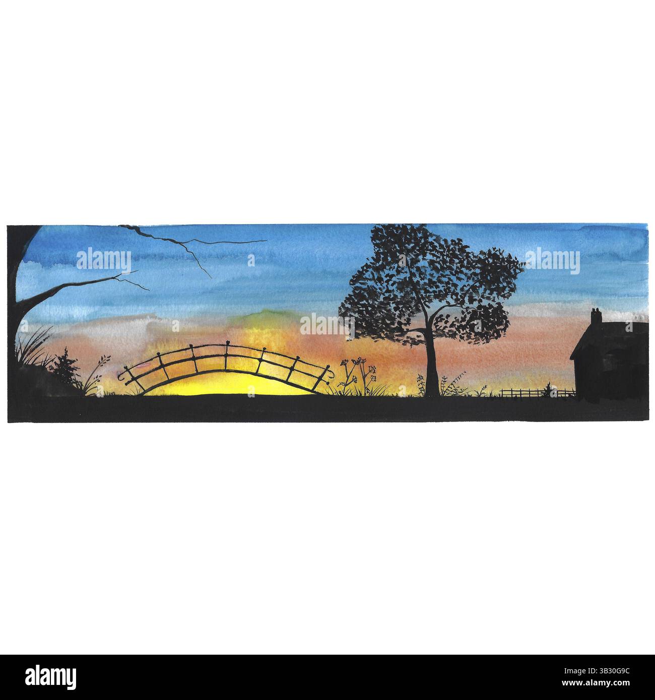 Silhouette maison pont arbre et coucher de soleil peint à la gouache Banque D'Images