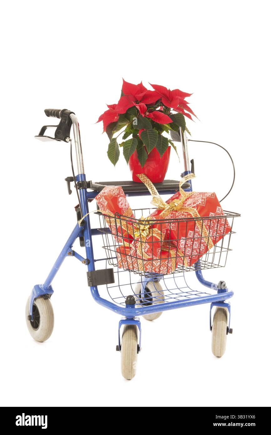 Marcheur bleu avec des cadeaux de Noël et poinsettia isolé sur fond blanc Banque D'Images