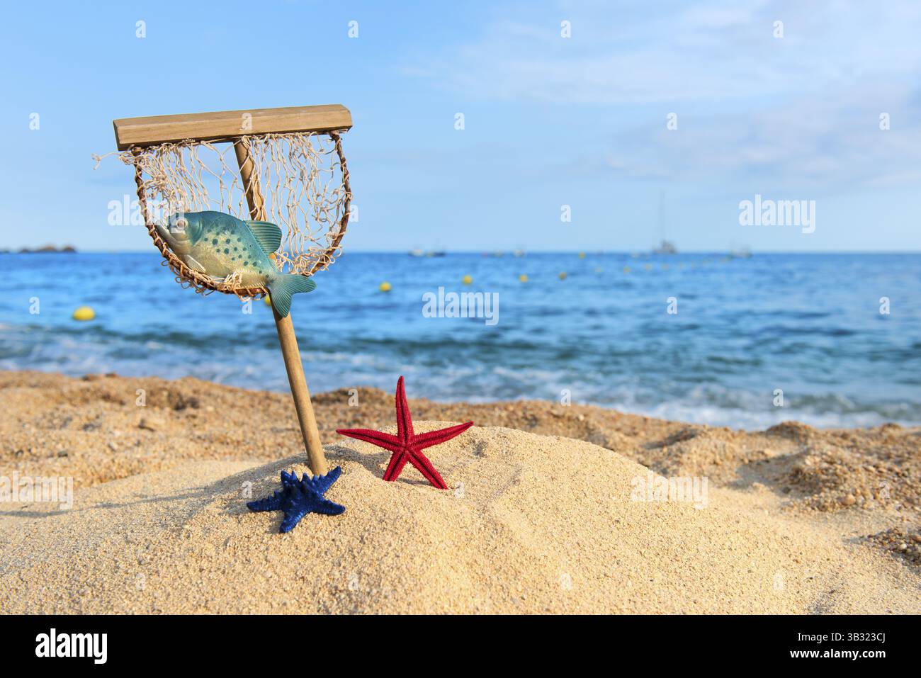 Attraper des poissons et des crevettes sur la plage avec un filet d'atterrissage Banque D'Images