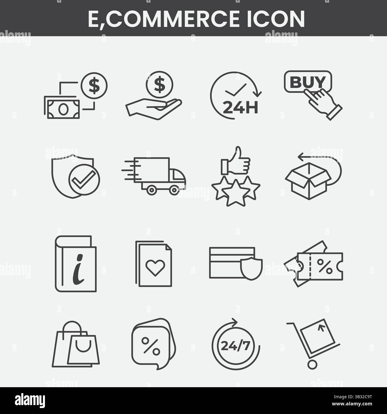 Jeu d'icônes de commerce électronique minimaliste : symboles d'achat, méthodes de paiement, livraison et éléments de vente en ligne en noir et blanc Illustration de Vecteur