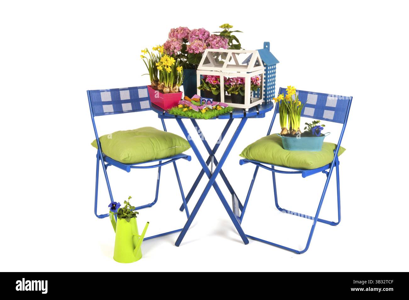 Terrasse de jardin avec des fleurs au printemps Banque D'Images