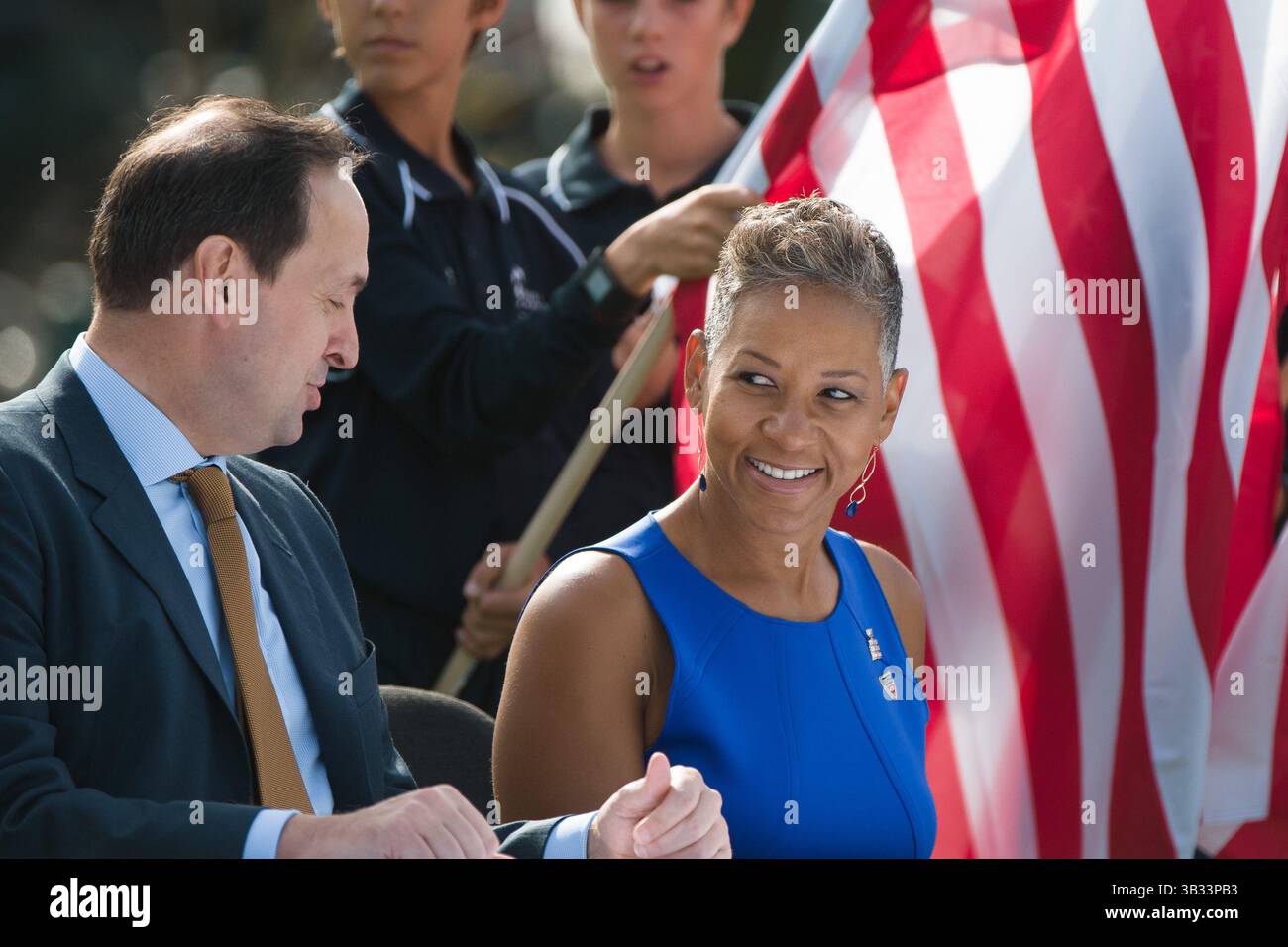 3 mars 2016 : Katrina Adams, présidente du conseil d'administration, PDG et présidente de l'USTA, lors du tirage au sort officiel de la première manche du Groupe BNP Paribas Davis Cup World match entre l'Australie et les États-Unis au club de tennis Kooyong à Melbourne, en Australie. Sydney Low/Cal Sport Media(image crédit : © Sydney Low/CSM via ZUMA Wire) Banque D'Images